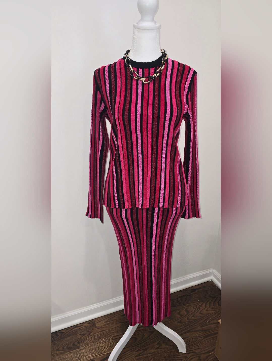 Emporio Sirenuse Pink & Black Vertical Stripe Knit Skirt